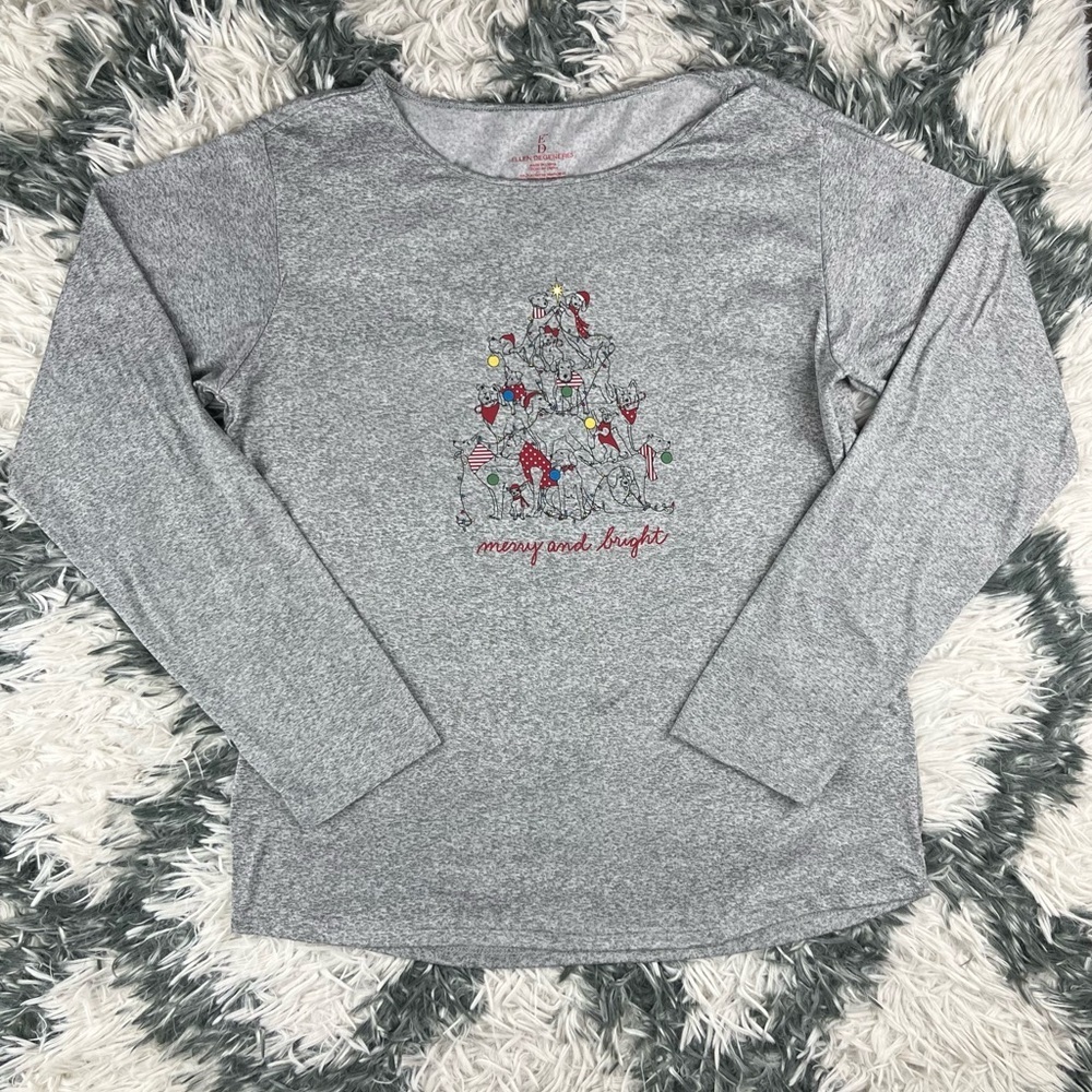 Ellen Degeneres Women’s Gray Long Sleeve Chrismas Dogs Pajama Shirt Size Small